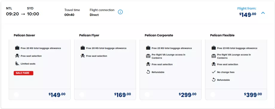 FlyPelican κατηγορίες ναύλων