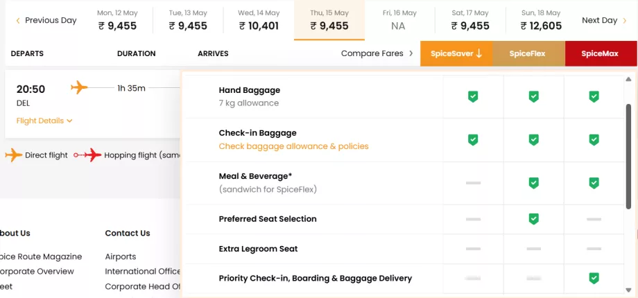 Κλάσεις ναύλων της SpiceJet