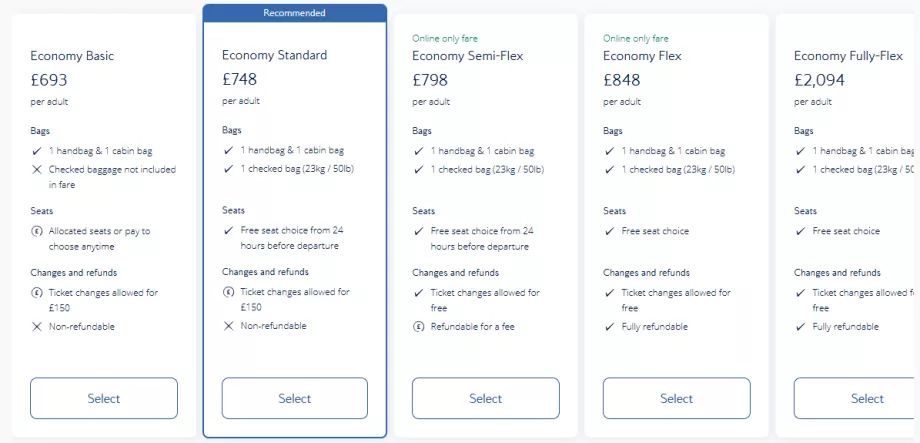 Οικονομικές κατηγορίες της British Airways