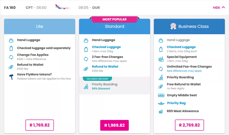 Κατηγορίες ναύλων FlySafair