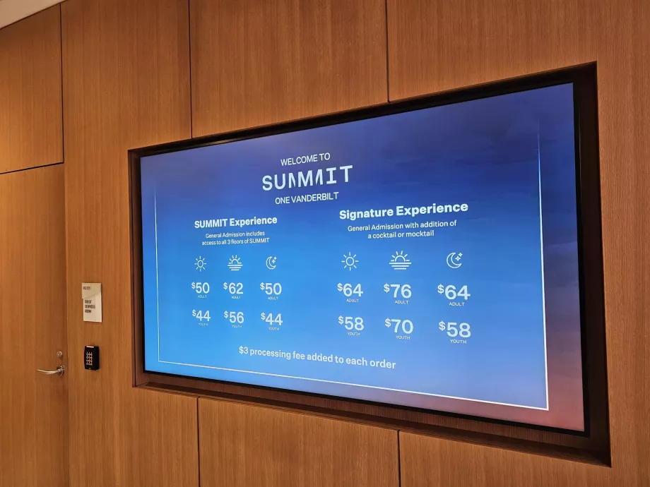 Summit One Vanderbilt, τιμοκατάλογος