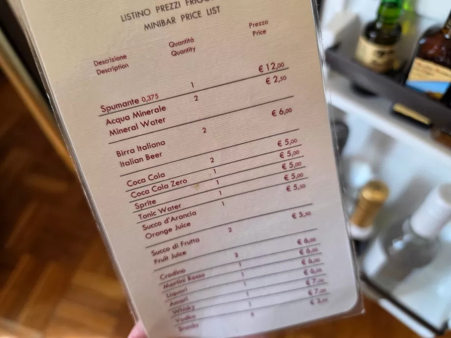 Τιμοκατάλογος του minibar