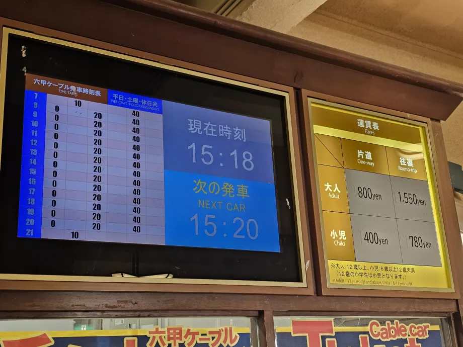 Χρονοδιάγραμμα και τιμοκατάλογος του τελεφερίκ Rokko